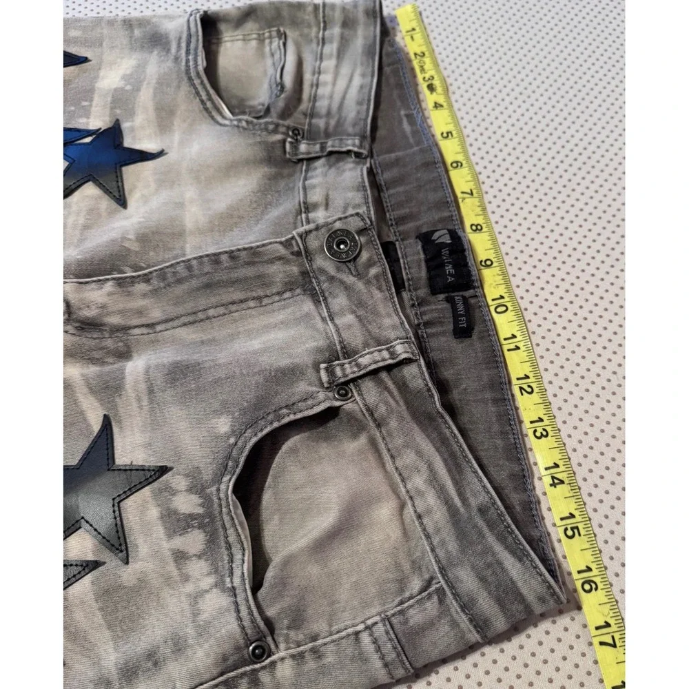 Waimea Mens Skinny Fit Gray Jeans Black Leather Star Applique Streetwear 34x32